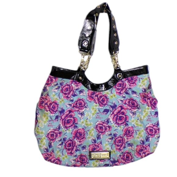 Betsey Johnson Hobo style shoulder bag. Roses on blue background. #1251 - Picture 8 of 9